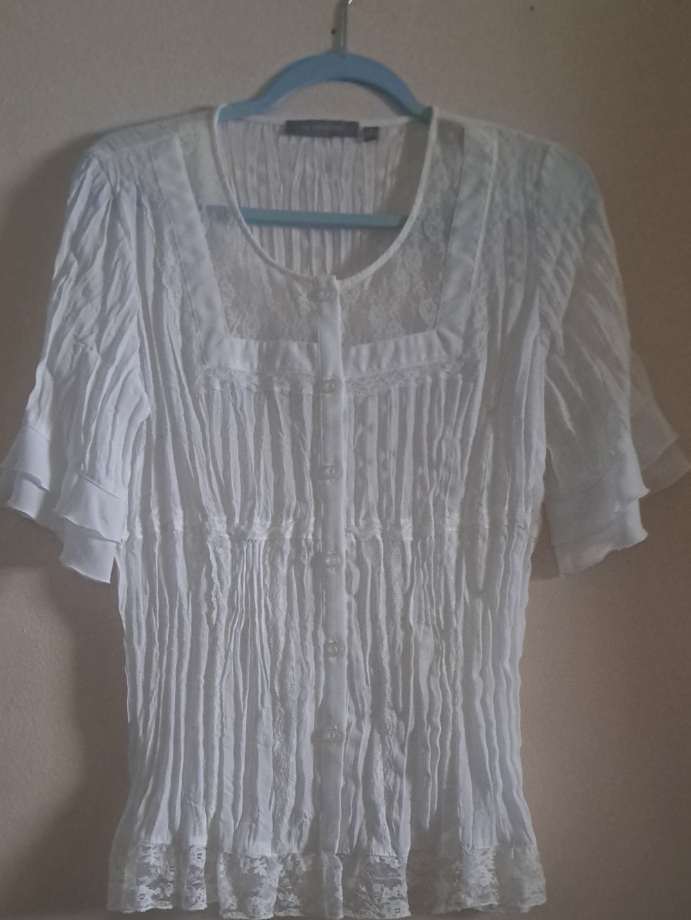 NY Collection White Lace-Trim Pleated Blouse